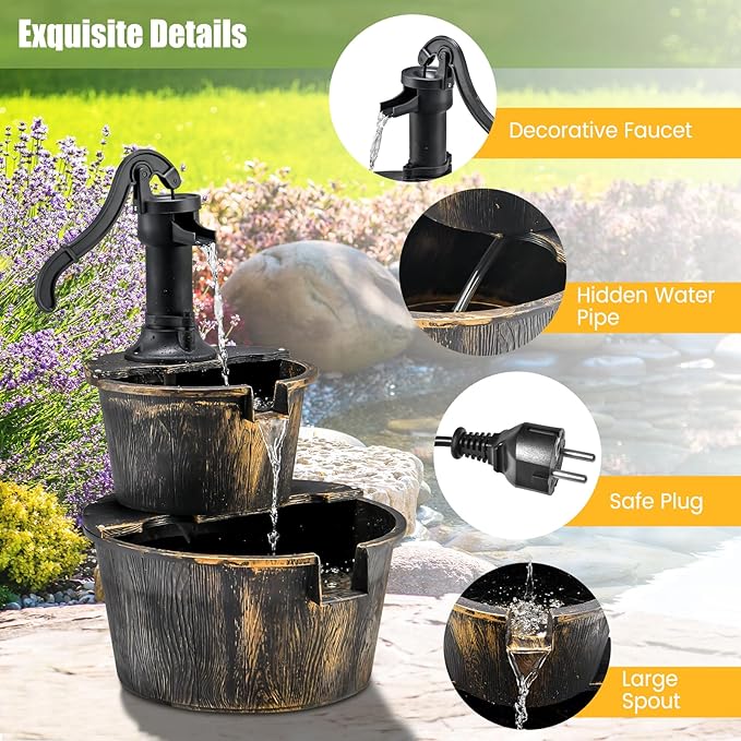 S AFSTAR Water Fountain Outdoor Waterfall Barrel, 2-Tier 27-Inch Barrel and Pump Waterfall Fountain W/Realistic Faux Wood Barrels & Pump Head, Garden Barrel Fountain for Patio Backyard Decor
