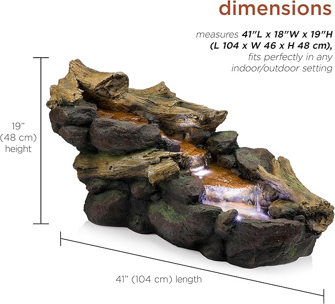 Alpine Corporation TZL296 41" Long Indoor/Outdoor River Rock and Log Fountain with LED Lights – Outdoor Water Feature for Garden, Patio, and Home Décor, Brown
