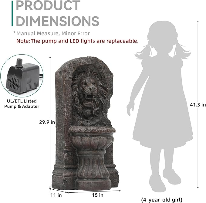 30" Rustic Lion Head Outdoor Fountain, Handcrafted Antique Stone Sculpture Garden Fountain, Warm LED-Lit Cascading Waterfall, Relaxing Water Feature for Garden Patio Yard Deck Floor Decor