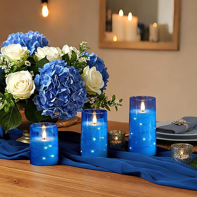 Homemory Flameless Candles with Embedded Star String Fairy Lights, Battery Operated Candles, LED Candle, Fake Candles with Remote Control and Timer, Blue, Set of 3(H 4" 5" 6?€?)