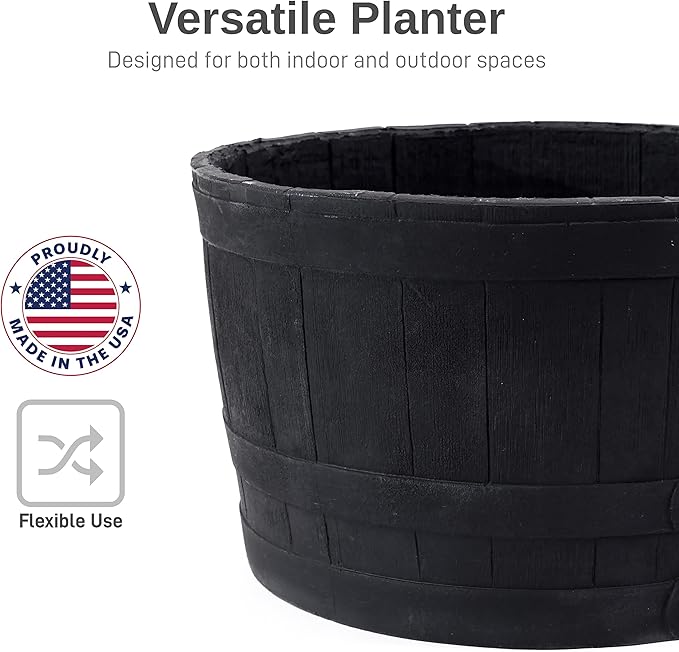RTS Home Accents Polyethylene Whiskey Barrel Planter for Indoor or Outdoor Gardening, Black (2 Pack)