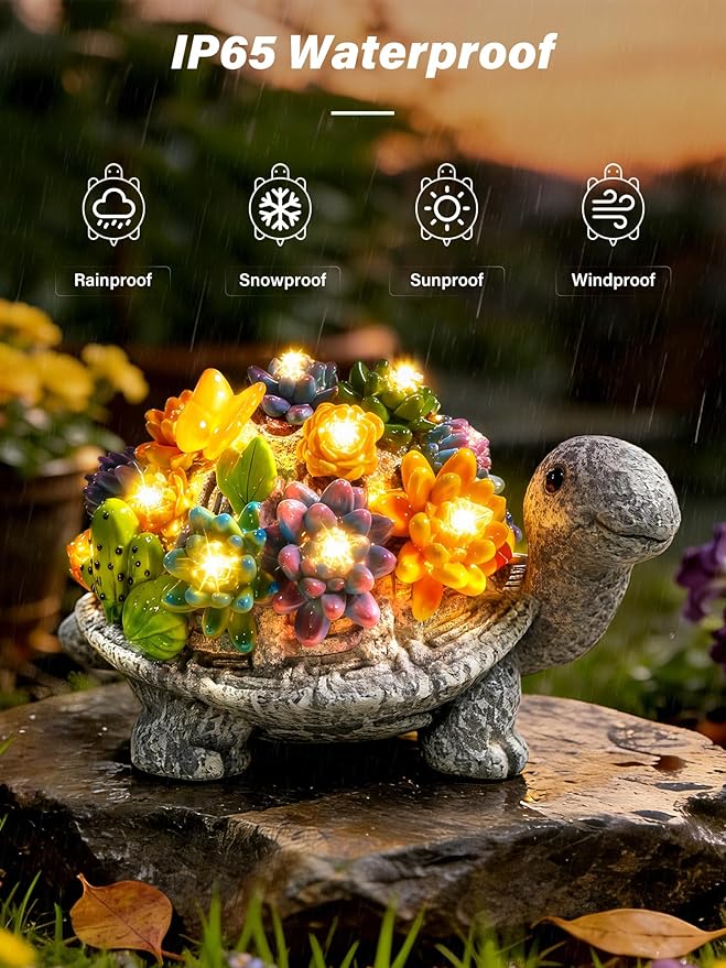 Solar Garden Statues, Outdoor Solar Turtle Decor with Succulent and 8 LED Lights, Outside Yard Figurine Decor for Garden, Lawn, Patio, Balcony, Porch, Unique Gifts for Mom Grandma
