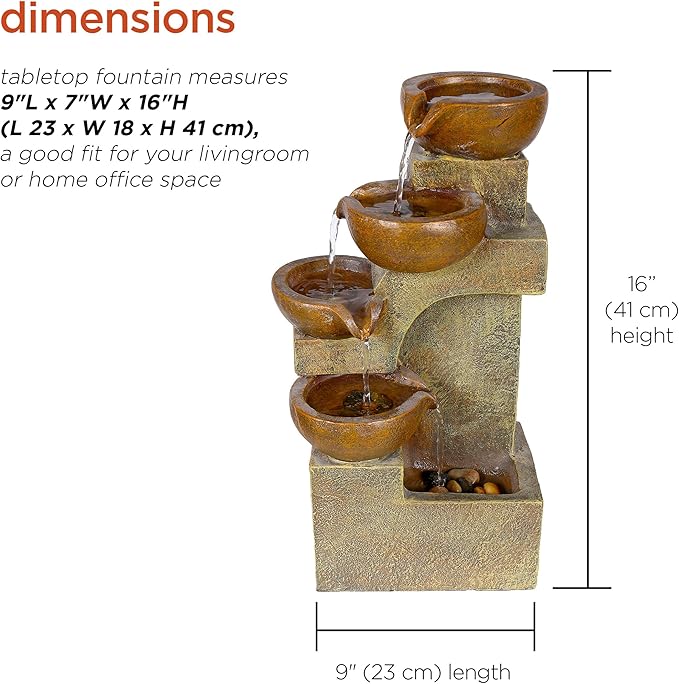 Alpine Corporation WCT726 | 16"H Indoor/Outdoor Tabletop Tiered Pouring Pots Waterfall Fountain — Natural Stone-Look Finish Adds Rustic Charm — Brown