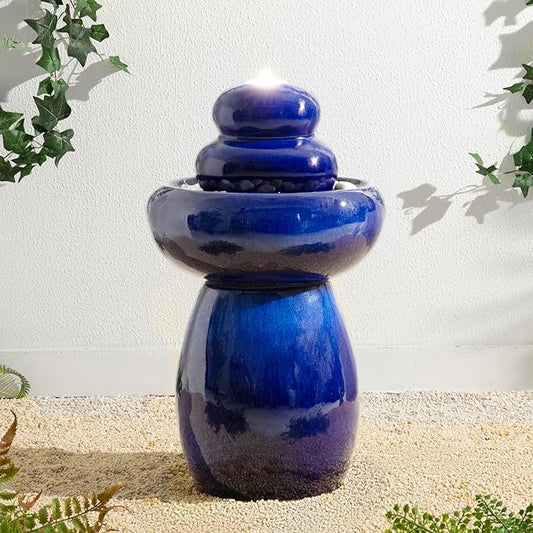 Glitzhome 22" H Zen-Style Outdoor Ceramic Fountain, 3 Tier Pedestal Cascading Water Fountains with LED Light & Pump, Cobalt Blue Pebbles Garden Fountains Waterfalls for Patio, Deck, Porch Decor