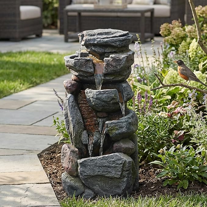 Water Features Outdoor Patio 6-Tier Cascading Rock Water Fountain 31.5''Water Fall Fountain Outside Resin Fountain with Light Mossy Rock Floor Garden Fountain Indoor for Relaxation Home Decor