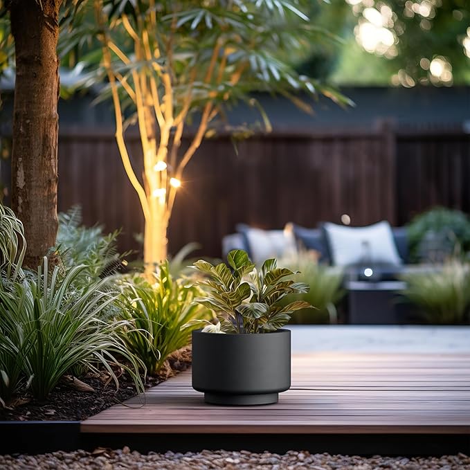Kante 12.6 Inch Dia Concrete Planter, Round Pedestal Design Garden Pot for Indoor Outdoor Plants, Modern Flower Pot with Drainage Hole and Rubber Plug, Black
