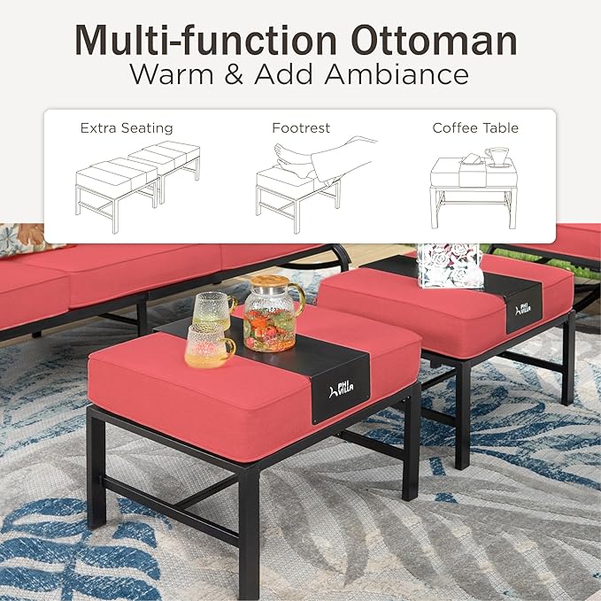 PHI VILLA 6 Piece Patio Furniture Sets with 1 x 3-Seat Deep Seating Bench, 2 x Cushioned Swivel Sofa Chairs, 1 x Coffee Table & 2 Ottoman, Outdoor Metal Conversation Set for Lawn Garden Yard, Red