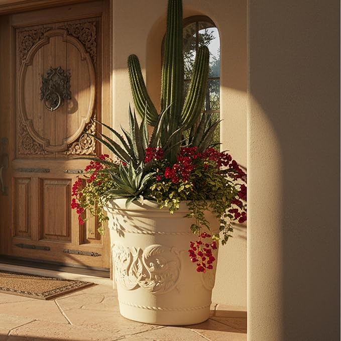 Sunnydaze 19.5-Inch Arabella Large Plastic Pot for Plants - Outdoor Double-Walled Polyresin Large Plastic Planter with Drillable Drainage Holes - Antique White - 2-Pack