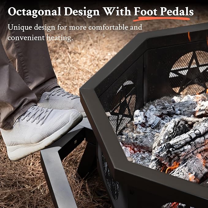 Verdeluxe 43 Inch Octagonal Fire Pit with Cooking Grill,Outdoor Wood Burning Fire Pit for Camping Outside Picnic Bonfire,Heavy Duty Firepit for Backyard Garden Patio - Image 3