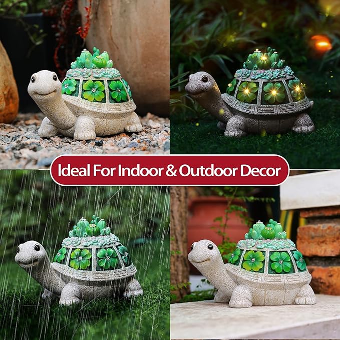 Solar Garden Outdoor Statues Turtle with Succulent and 7 LED Lights - Lawn Decor Tortoise Statue for Patio, Balcony, Yard Ornament - Unique Housewarming Gifts