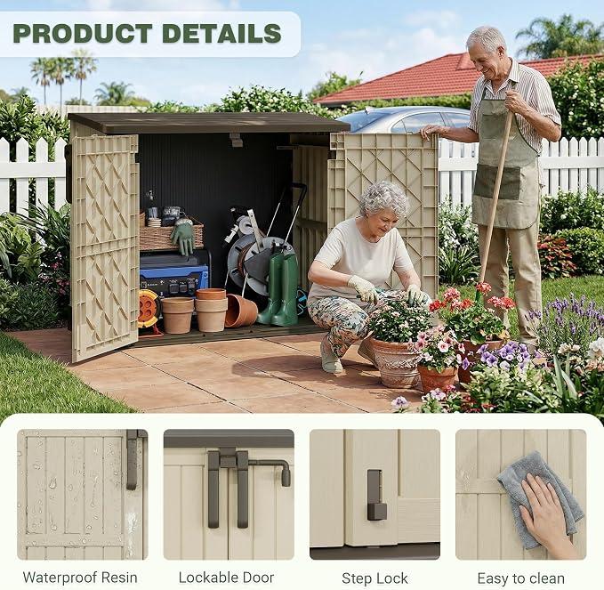 LHBcraft Waterproof Outdoor Storage Shed 36 Cu Ft with Lockable Doors, Portable Horizontal Resin Storage Cabinet, Outdoor Storage Box for Backyards, Brown-Beige - Image 2