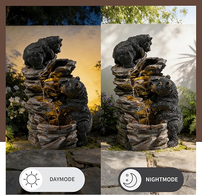 21" Outdoor Water Fountain with Lights, 4-Tiered Black Bear Family Cascading Water Fountain, Outdoor Garden Waterfall Decor for Garden, Patio, Courtyard