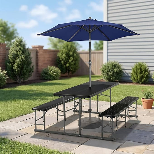 VINGLI Folding Picnic Table and Bench Set with Umbrella, Portable Outdoor Dining Furniture for Camping, Patio, Backyard, Wood Grain Plastic Top with Metal Frame (White) by VINGLI