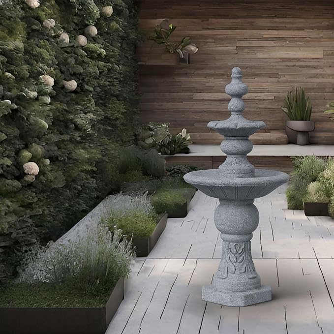 Teamson Home 52.56 in. Outdoor Two-Tier Water Fountain with Realistic ICY Stone Texture for Outdoor Living Spaces Creating a Calming Oasis for Gardens, Landscaping, Patios, Balconies, Lawns, Gray