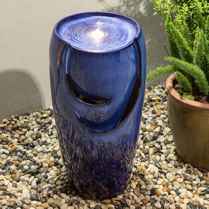 Glitzhome Outdoor Water Fountain with LED Light, Oversized Ceramic Vase Water Fountains Outdoor, Tall Water Feature Backyard Fountain for Garden Patio, Cobalt Blue, 29.3”H