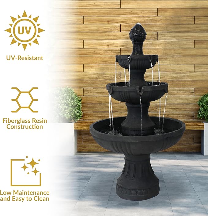 Sunnydaze Flower Blossom 43" Tiered Outdoor Water Fountain - 3-Tiered Outdoor Fountain for Garden, Patio, or Backyard - Black Finish