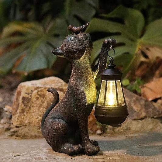 Outdoor Cat Statues Solar Garden Decor : Cat Figurine with Bird Decor,Unique Garden Art for Porch Patio Balcony Yard Lawn Ornaments - Birthday Housewarming Gifts for Grandma Mom Women