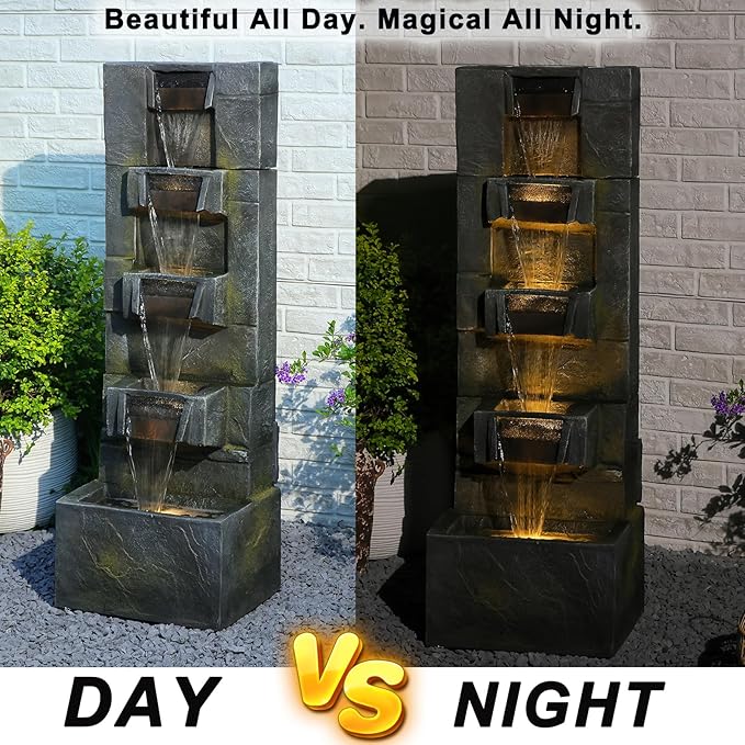 41.1" Garden Water Fountain Outdoor – 5-Tier Modern Cascading Resin Waterfall Fountain with LED Light, Mossy Stone Look, Floor-Standing Outdoor Water Feature for Patio, Yard, Deck, Home Décor