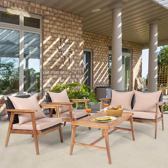 Tangkula 8-Piece Patio Furniture Set, Outdoor Acacia Wood Conversation Set with Cushions and Coffee Table, Outdoor PE Wicker Sectional Sofa Set for Garden, Poolside and Backyard (2, Beige)