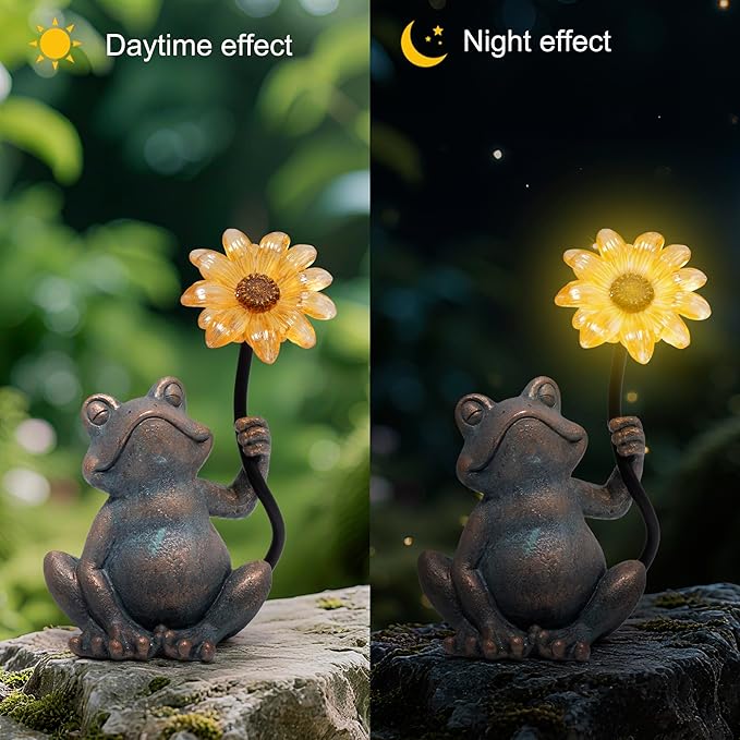 basen Solar Frog Statue with Glowing Sunflower Light, Outdoor Garden Frog Figurine Decor for Yard Lawn Patio, Resin Solar Animal Sculpture with LED Light for Garden Landscape Decoration