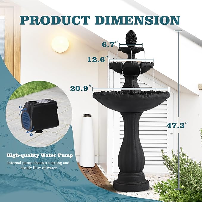 MAGIC UNION Garden Water Fountain Outdoor, 47.3" High Large Roman Italian Indoor Waterfalls, 3-Tier Standing Water Feature Fountains w/Pump & Pineapple Top for Outside Patio, Yard and Lawn (Black)