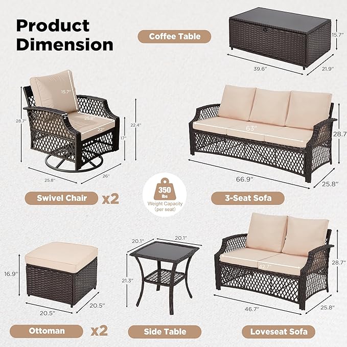 HOMREST 8 Piece Patio Furniture Set, Wicker Outdoor Conversation Set with Swivel Chairs, 2 Ottomans, Storage Coffee Table, Rattan Outdoor Sectional Sofa for Deck Backyard Porch （9 Seats, Khaki