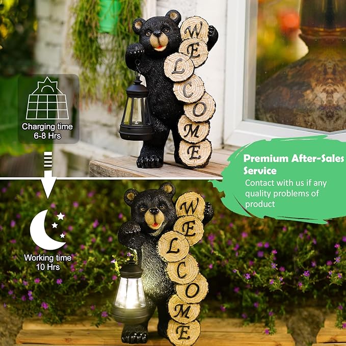 Qeeman Solar Bear for Garden Decor: Weatherproof Resin Statues with Lantern for Outdoor Outside Yard Pathway Patio Porch Balcony Decorations - Gifts for Mom Grandma Bear Lovers