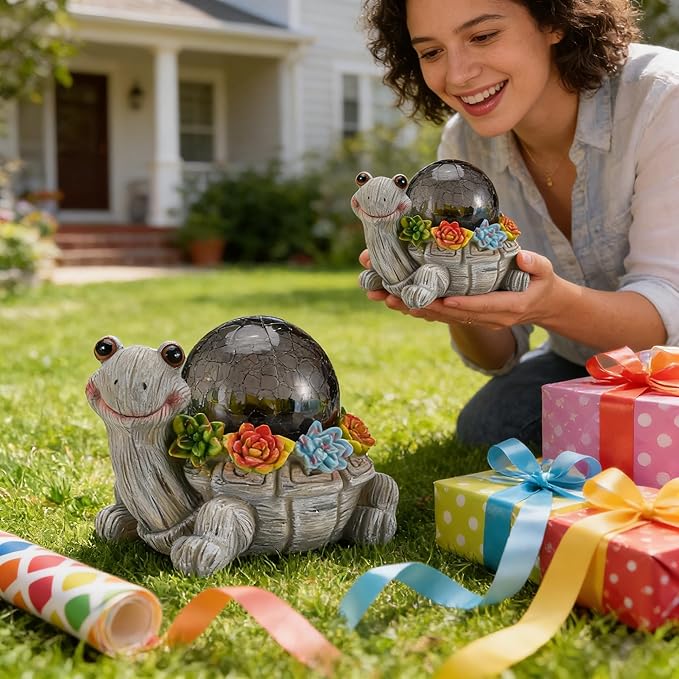 Solar Turtle Garden Statue Lights for Outdoor Decor with Cracked Glass LED Figurine Lighting Resin Succulent Tortoise Decorations Patio Lawn Yard Housewarming Mom Gifts (Grey, Large)