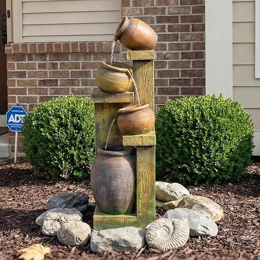 Outdoor Water Fountain with LED Lights, 4-Tier Cascading Waterfall Fountain, Rustic Wood Barrel Resin Outdoor Water Fountain for Garden Patio Backyard Porch Indoor Decor, 36.6" H