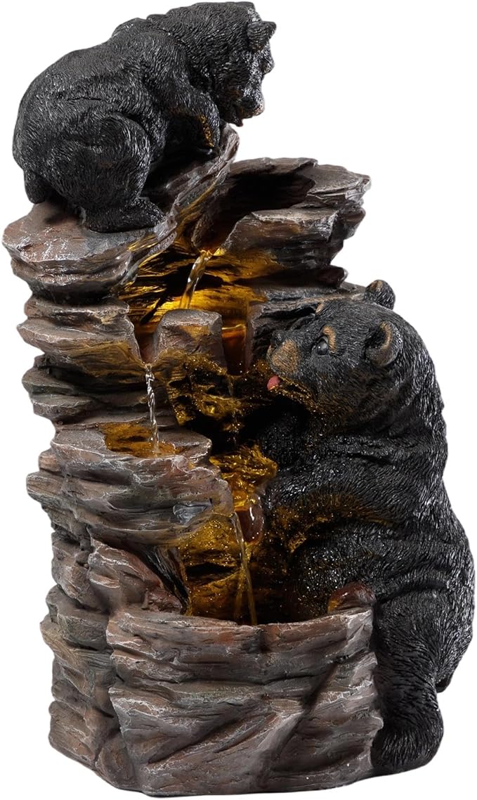 21" Outdoor Water Fountain with Lights, 4-Tiered Black Bear Family Cascading Water Fountain, Outdoor Garden Waterfall Decor for Garden, Patio, Courtyard