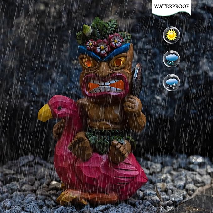 Tiki Outdoor Statue with Flamingos Decor - Solar Powered Garden Figurine Tiki Art for Tiki Bar,Backyard,Garden,Yard,Flowerbed,Walkway,Patio,Lawn,Porch Decorations,Gifts