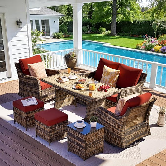 MEISSALIVVE 7 Pieces Outdoor Patio Furniture Set with Swivel Chairs, Wicker Patio Conversation Set, Patio Sectional Furniture Set with with Loveseat, 2 Ottomans and Dining Table (Red)