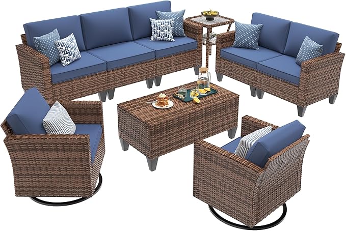 UDPATIO Patio Furniture Set, 6 Pieces Outdoor Furniture Sets with Rocking Swivel Chairs, Wicker Rattan Outdoor Conversation Set with Storage Table and Waterproof Covers for Backyard, Deck, Porch, Navy