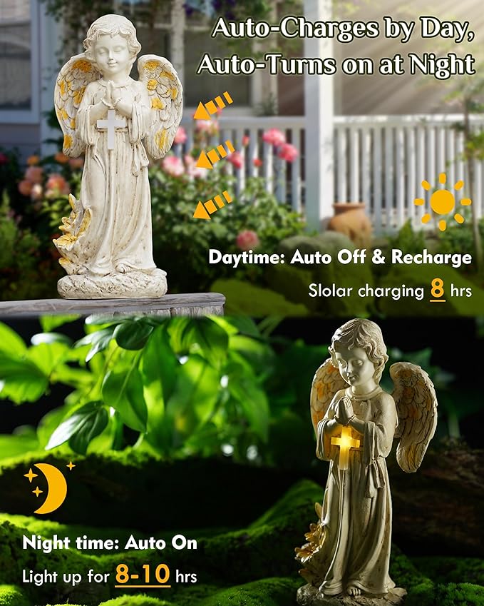 Solar Angel Statues for Outside, 12" Easter Garden Decoration, Solar Angel Figurines w/Lighted Cross for Cemetery, Yard, Pathway, Lawn Decor, Outdoor Guardian Angel for Memorial Gardens