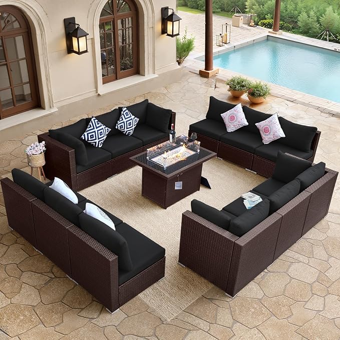 BULEXYARD 13 Piece High Back Wicker Patio Furniture Sets with Fire Pit, Elegant Oversized Outdoor Seating Set Modular, Comfy Extra Deep Wide 12-Person Sectional Couch Sofa for Backyard, Brown & Black