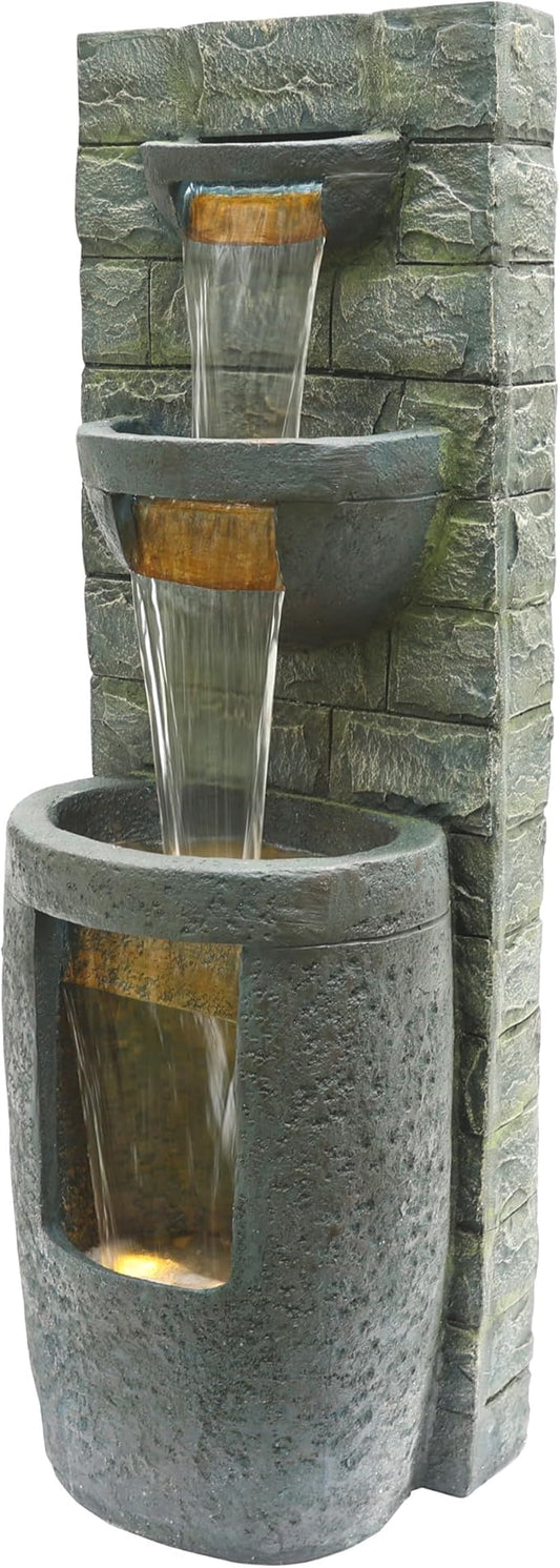 Alpine Corporation TZL384 Outdoor 3 Tier Water Fountain with LED Lights for Garden, Patio, Lawn and Yard Spaces, 51" H, Gray