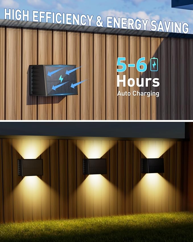 CORESLUX Solar Fence Lights Outdoor, Up and Down Outdoor Wall Lights, IP65 Waterproof Solar Fence Lights, Warm Outdoor Solar Lights for Backyard/Railing/Wall/Step/Patio, 4PCS