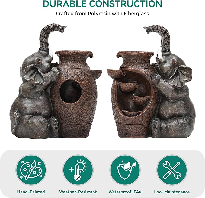 20" Elephant Jars Outdoor Fountain, 5-Tier Rustic Playful Resin Statue Water Feature with Lights, Soothing Cascading Waterfall for Charming Tranquil Garden, Patio, Yard, Porch, or Home Décor