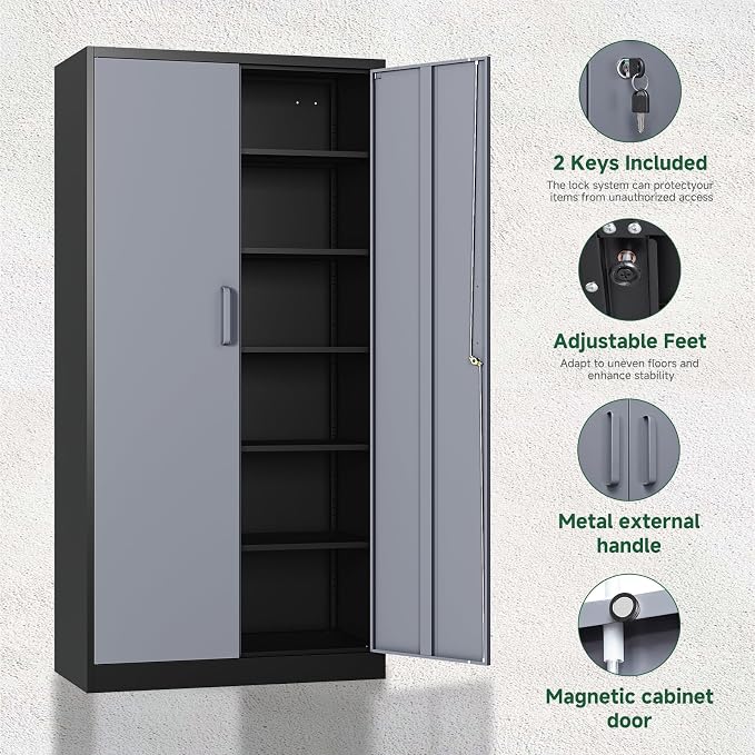 Letaya Metal Storage Cabinets with Lock Door and 5 Adjustable Shelves, Steel Garage Tool Organization Cabinets for Home,Utility Room, Warehouse,Lockers(71"-Black Gray) | Lock Door, 5 Adjustable Shelves, Garage, Lockers - Image 6