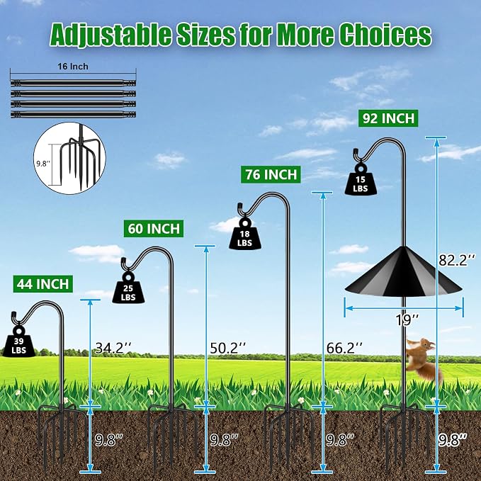 FEED GARDEN 92’’ Bird Feeder Pole Squirrel Proof 1 Pack, Adjustable Tall Shepherds Hooks for Outdoor with 7 Prongs Base, Heavy Duty Shepherd Hook with Baffles, Pole for Bird Feeder, Plant Baskets - Image 2
