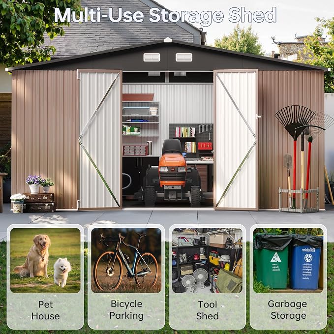 12x14FT Outdoor Storage Shed, Metal Garden Tool Shed with Sloping Roof & Lockable Door for Patio Lawn Backyard (Brown, 12x14FT) - Image 4