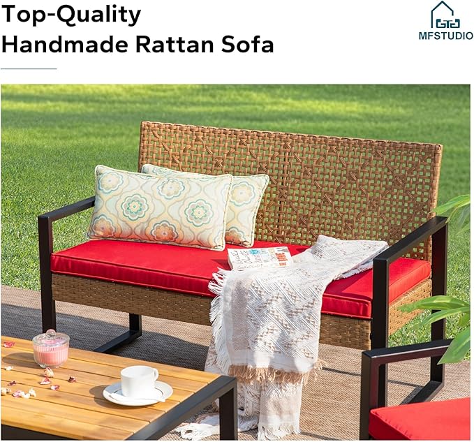 MFSTUDIO 4 Piece Wicker Patio Furniture Set, Small Patio Set with Loveseat & Chaise & Acacia Wood Table, Outdoor Rattan Sectional Furniture, Brown Sofa Couch Set for 4, Red