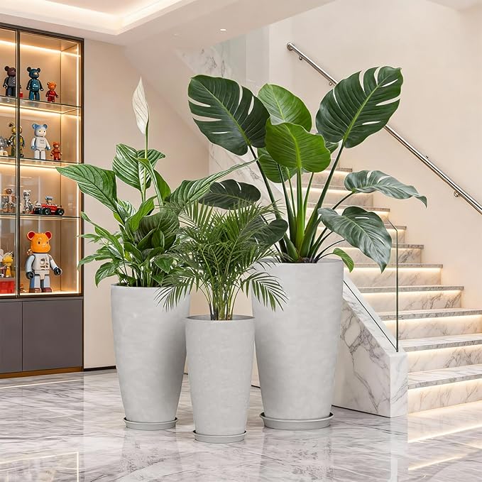 QCQHDU 24, 21, 18 inch Tall Planters for Outdoor Plants, with Drainage Hole & Saucer, Set of 3 Tall Outdoor Planter for Indoor & Outdoor Plants, Modern Home Decor