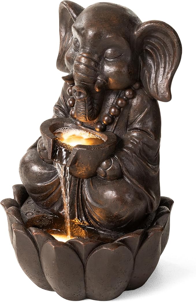 Glitzhome Outdoor Fountains, Water Fountains Outdoor with Lights&Pump, 21.75" H 2-Tiered Zen-Style Bronze Polyresin Elephant Garden Fountain Floor Standing Waterfall for Patio, Porch, or Yard Decor
