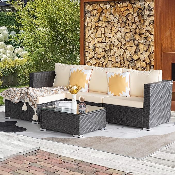 PAOLFOX5 Piece Rattan Patio Furniture Set, Outdoor Patio Conversation Set with Table,Soft Cushion and Backrest,Modern Chairs and Table Sets,Outdoor Furniture for Porch, Garden, Lawn,Grey/Beige