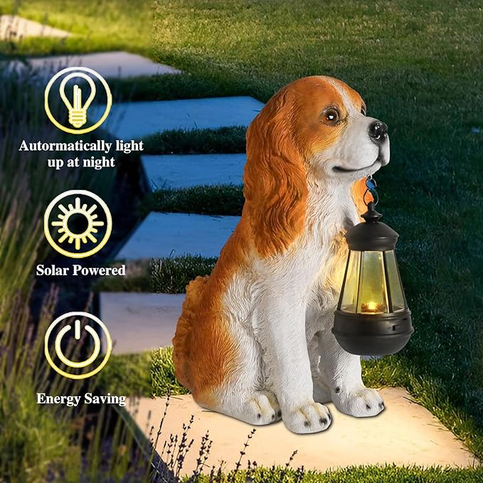 Afirst Dog Garden Statue - Outdoor Decor with Solar Lantern Valentine's Day Gift Lovely American Cocker Spaniel Figurine Patio Lawn Yard Art Ornaments Housewarming Gift