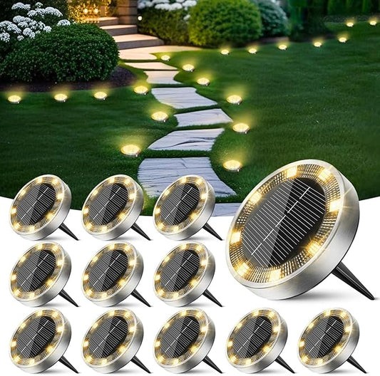 Peasur Mini Solar Ground Lights Outdoor, 12 Pack Flat Solar Powered Disc Lights, IP68 Waterproof, Anti-Rust, Landscape Lighting for Pathway Garden Yard Lawn Walkway Landscape Driveway, Warm White