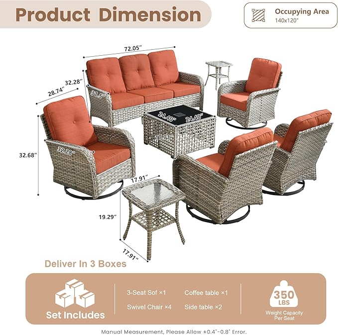 HOOOWOOO Outdoor Patio Furniture Set with Light Table,8 Pieces Wicker Conversation Set,All Weather High Back Couch Sofa Swivel Chairs Set,Orange Red