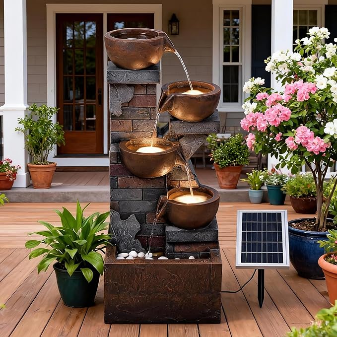 5 Tiers Solar Outdoor Water Fountain - 33.5" H Shape K Indoor Waterfall Fountain with LED Lights for Patio, Balconies, Lawns, Deck, Porch Backyard and Home Art Decor