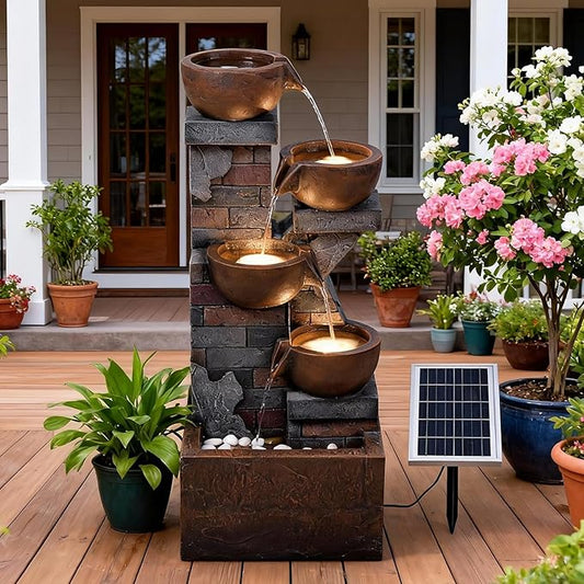 5 Tiers Solar Outdoor Water Fountain - 33.5" H Shape K Indoor Waterfall Fountain with LED Lights for Patio, Balconies, Lawns, Deck, Porch Backyard and Home Art Decor
